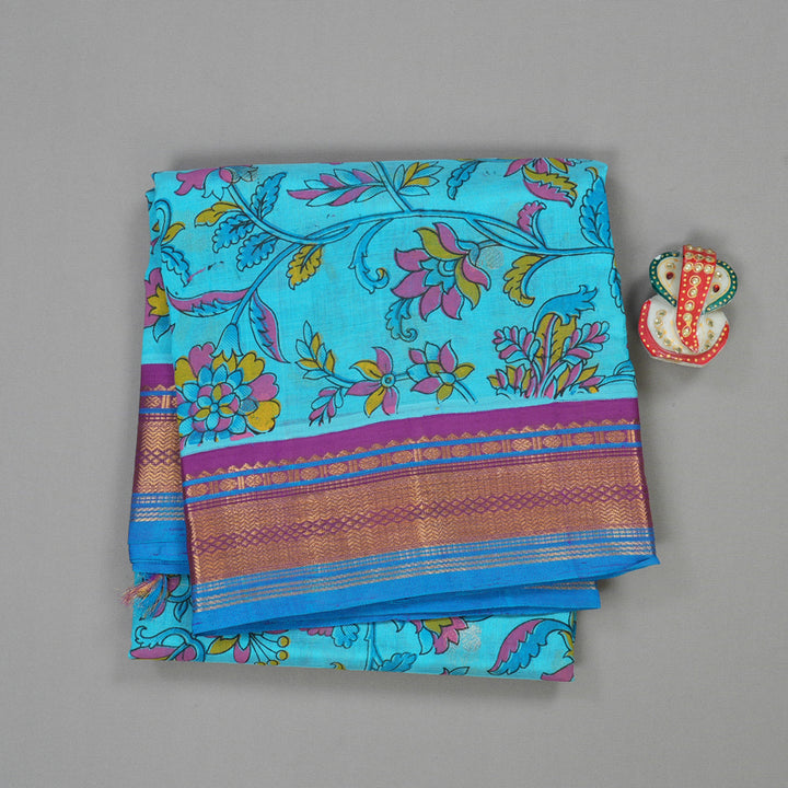 Hayagrivas Printed Pure Silk Cotton Saree Sea Blue with Purple  HBE233F6-3
