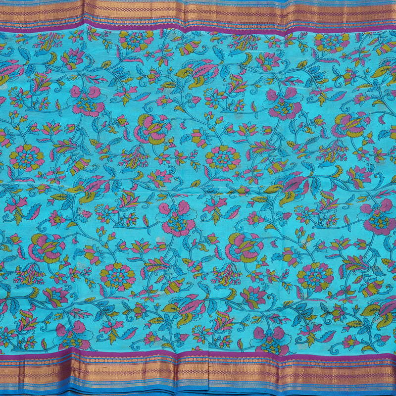 Hayagrivas Printed Pure Silk Cotton Saree Sea Blue with Purple  HBE233F6-3