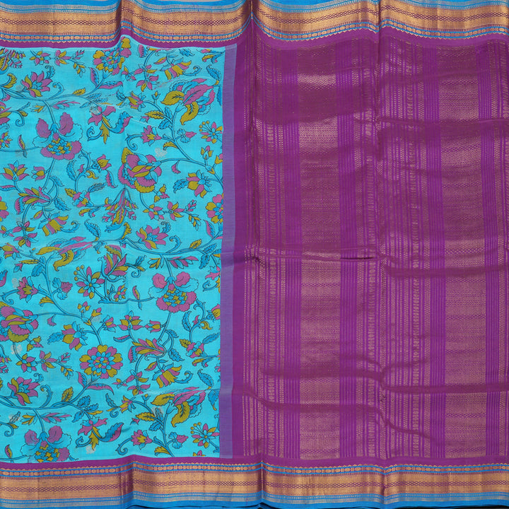 Hayagrivas Printed Pure Silk Cotton Saree Sea Blue with Purple  HBE233F6-3