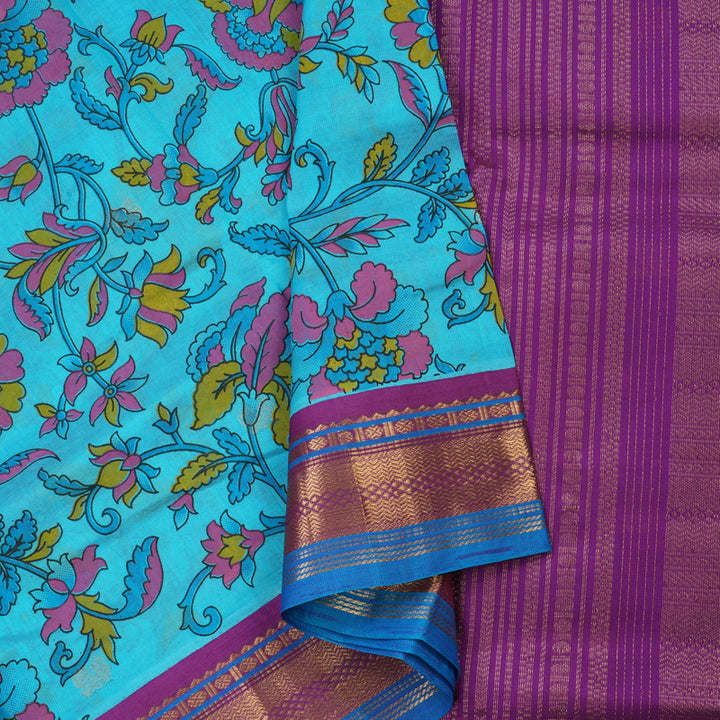 Hayagrivas Printed Pure Silk Cotton Saree Sea Blue with Purple  HBE233F6-3