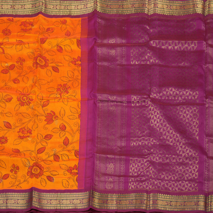 Hayagrivas Handloom Kanjivaram silk cotton saree in Mango yellow with Purple HBE233F6-4