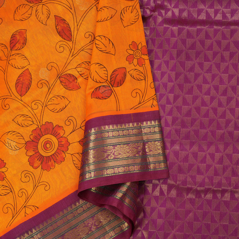 Hayagrivas Handloom Kanjivaram silk cotton saree in Mango yellow with Purple HBE233F6-4
