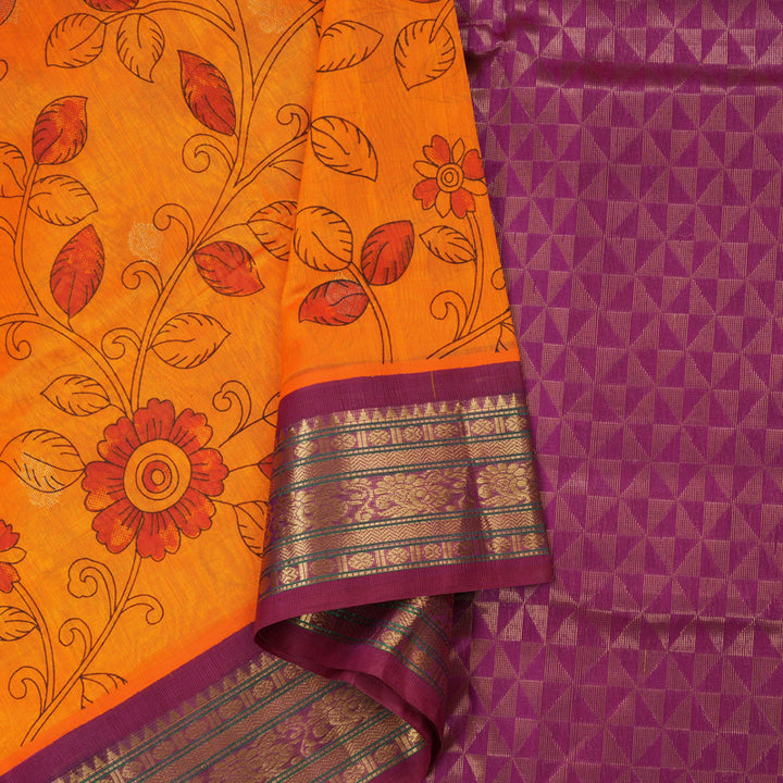 Hayagrivas Handloom Kanjivaram silk cotton saree in Mango yellow with Purple HBE233F6-4