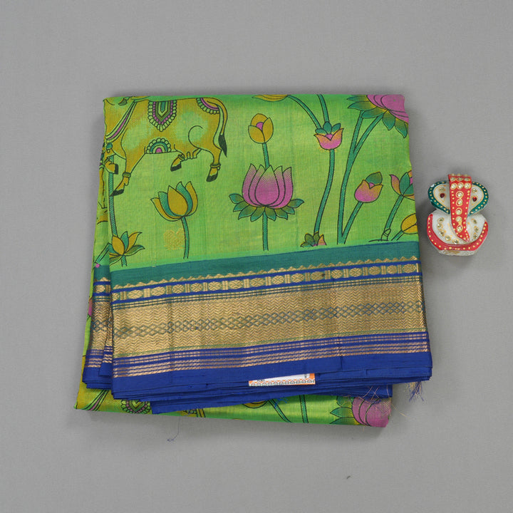 Hayagrivas Printed Pure Silk Cotton Saree in Parrot Green with Blue HBE233F6-5