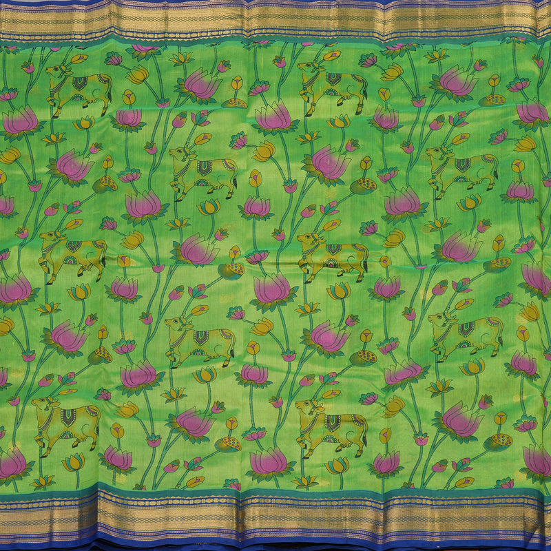 Hayagrivas Printed Pure Silk Cotton Saree in Parrot Green with Blue HBE233F6-5