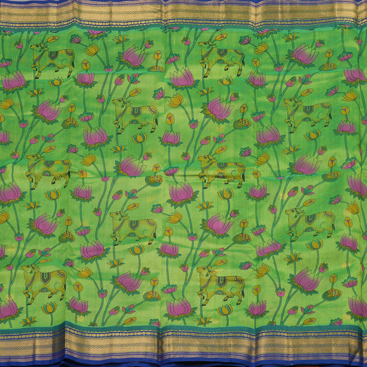 Hayagrivas Printed Pure Silk Cotton Saree in Parrot Green with Blue HBE233F6-5