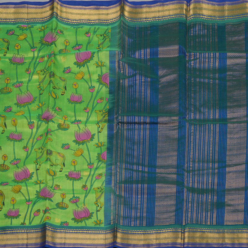 Hayagrivas Printed Pure Silk Cotton Saree in Parrot Green with Blue HBE233F6-5