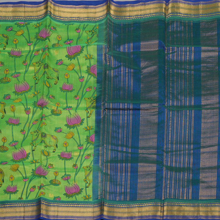 Hayagrivas Printed Pure Silk Cotton Saree in Parrot Green with Blue HBE233F6-5