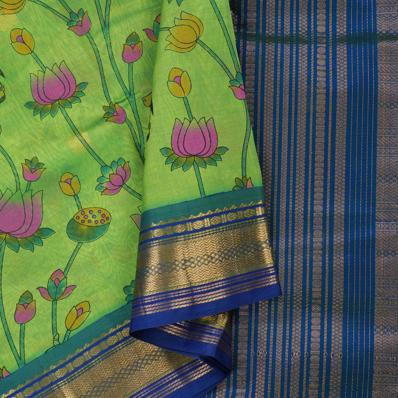 Hayagrivas Printed Pure Silk Cotton Saree in Parrot Green with Blue HBE233F6-5