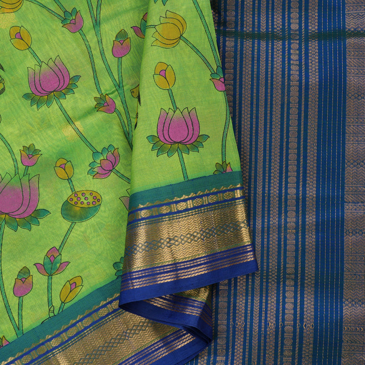 Hayagrivas Printed Pure Silk Cotton Saree in Parrot Green with Blue HBE233F6-5
