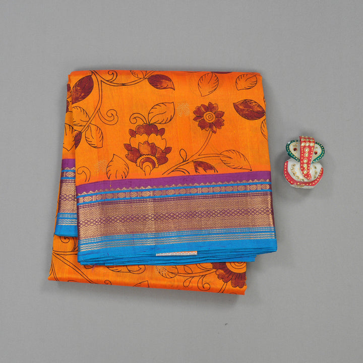 Hayagrivas Handloom Printed Silk Cotton Saree In Vibrant Orange with Purple HBE233F6-6