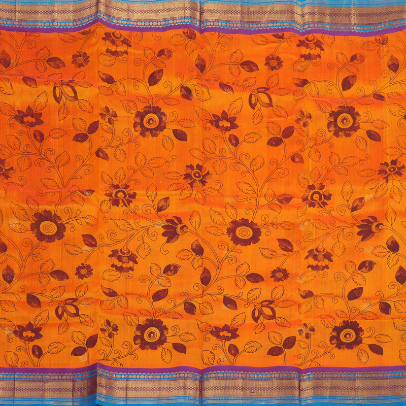 Hayagrivas Handloom Printed Silk Cotton Saree In Vibrant Orange with Purple HBE233F6-6