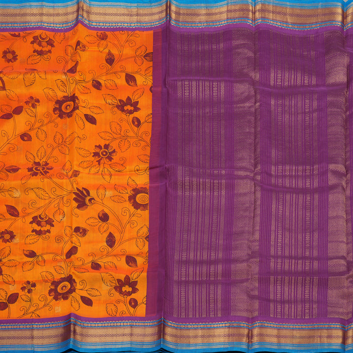 Hayagrivas Handloom Printed Silk Cotton Saree In Vibrant Orange with Purple HBE233F6-6