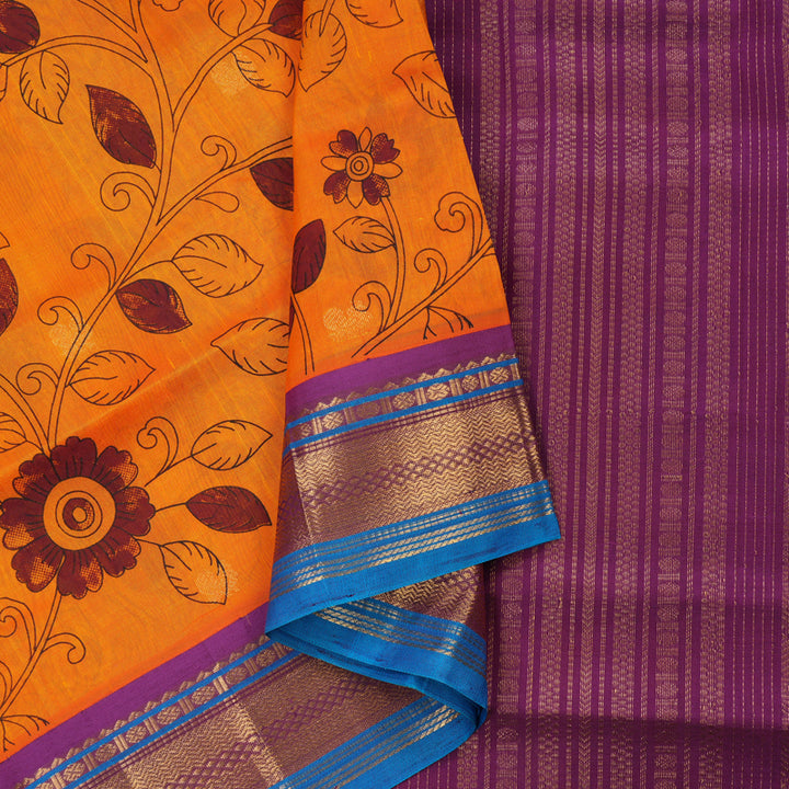 Hayagrivas Handloom Printed Silk Cotton Saree In Vibrant Orange with Purple HBE233F6-6