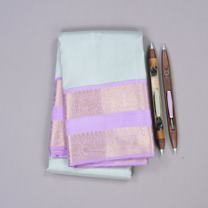 Hayagrivas Silver Grey Handloom Kanjivaram Silk Saree with Lavender Border HBE4234A1-2