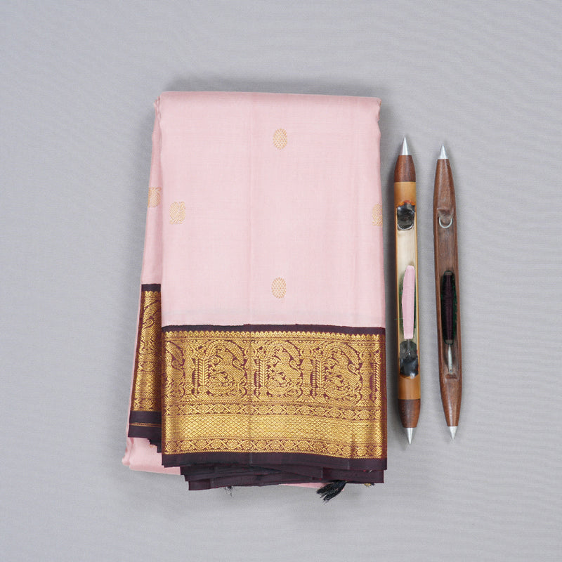 Hayagrivas Peach Pink Handloom Kanjivaram Silk Saree with Wine Maroon Border HBE4303B1-2