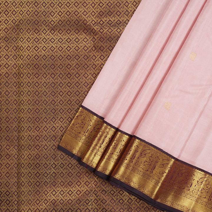 Hayagrivas Peach Pink Handloom Kanjivaram Silk Saree with Wine Maroon Border HBE4303B1-2