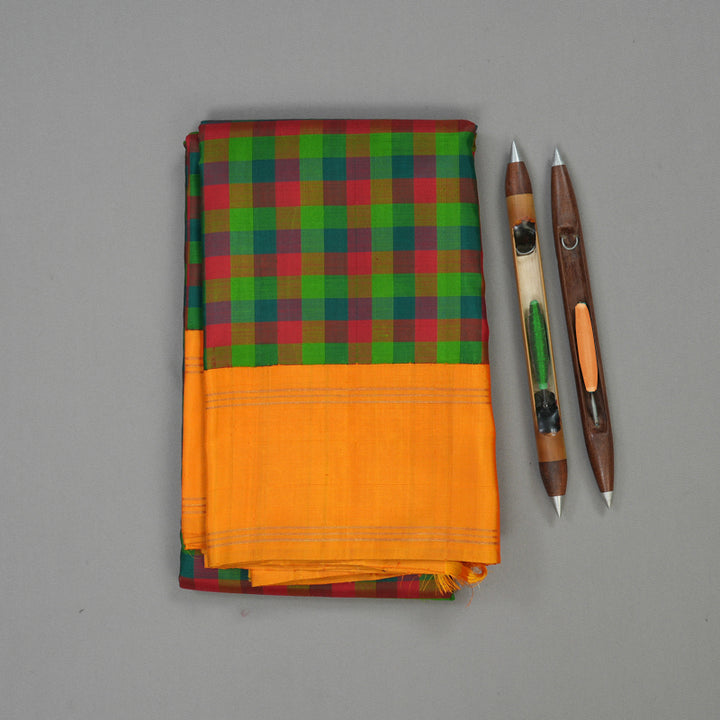 Hayagrivas Handloom Multicolour Checks Kanjivaram Silk Saree with Orange Border HBE4340C1-1