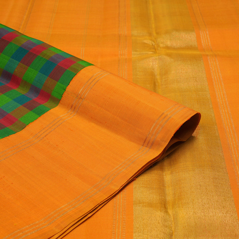 Hayagrivas Handloom Multicolour Checks Kanjivaram Silk Saree with Orange Border HBE4340C1-1