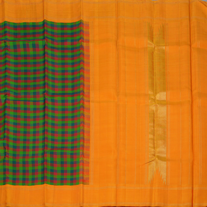 Hayagrivas Handloom Multicolour Checks Kanjivaram Silk Saree with Orange Border HBE4340C1-1