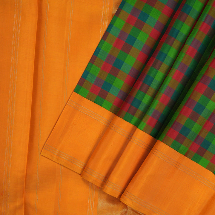Hayagrivas Handloom Multicolour Checks Kanjivaram Silk Saree with Orange Border HBE4340C1-1