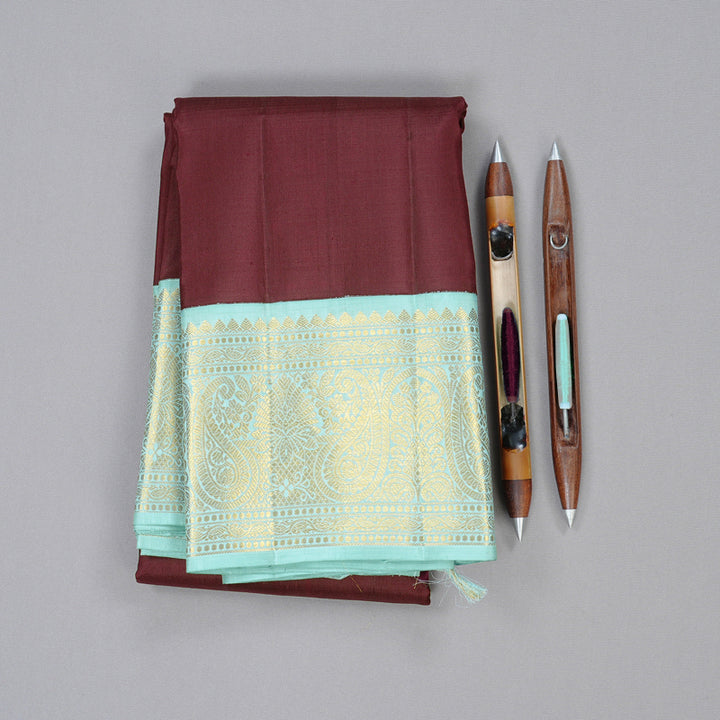 Hayagrivas Dark Brown Handloom Kanjivaram Silk Saree with Light Sky Blue Border HBE4385C1-2