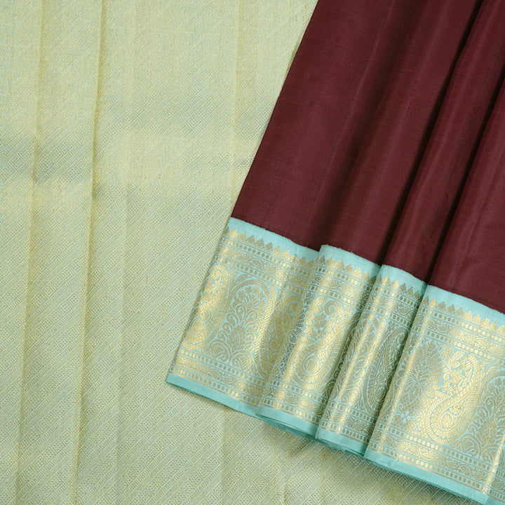 Hayagrivas Dark Brown Handloom Kanjivaram Silk Saree with Light Sky Blue Border HBE4385C1-2