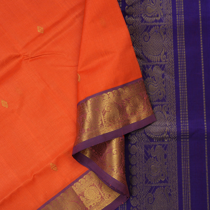 Hayagrivas Pure Silk Cotton Saree in Vibrant Orange with Deep Purple HBE440G2-10