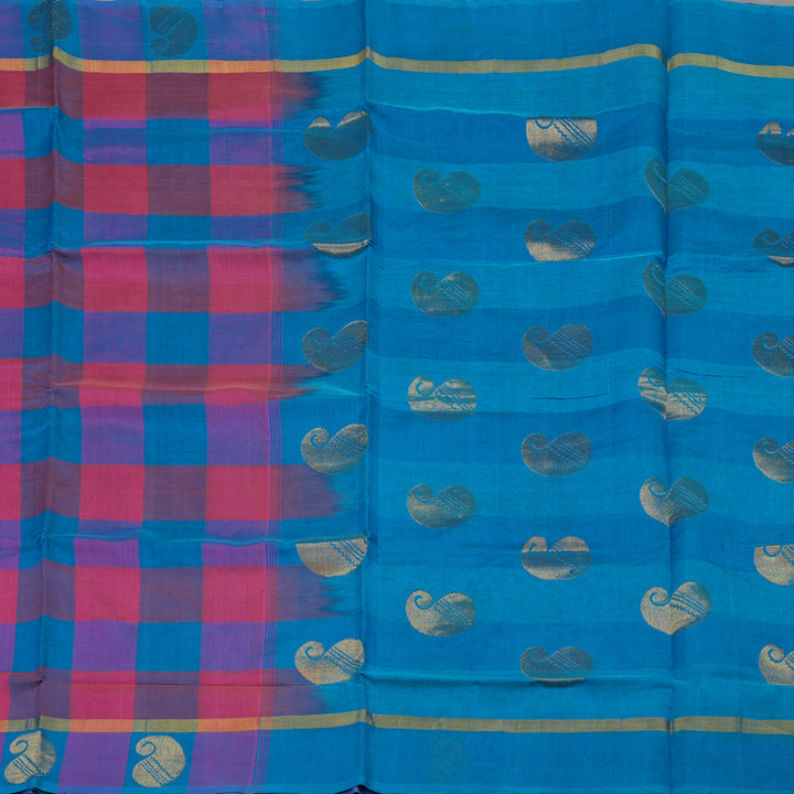 Hayagrivas Multicolour Pure Silk Cotton Saree with Pink & Aqua Blue Border HBE462H1-10