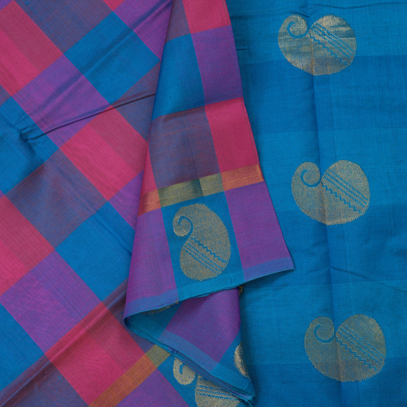 Hayagrivas Multicolour Pure Silk Cotton Saree with Pink & Aqua Blue Border HBE462H1-10