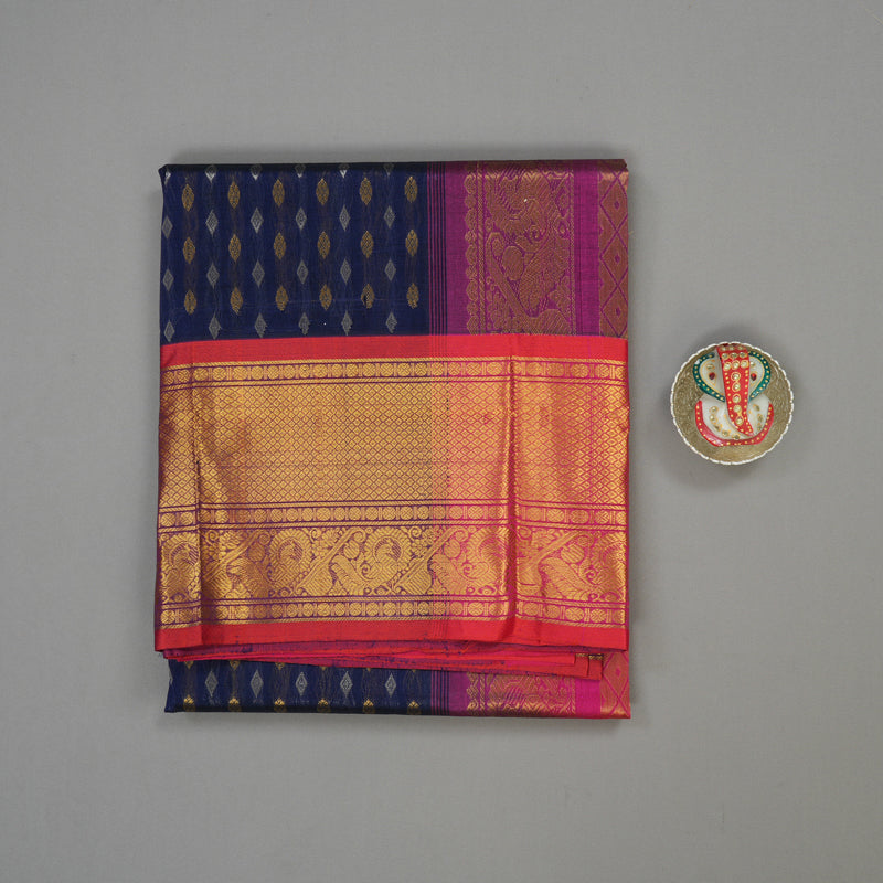 Hayagrivas Midnight Blue Pure Silk Cotton Saree with Red Border HBE462H2-2