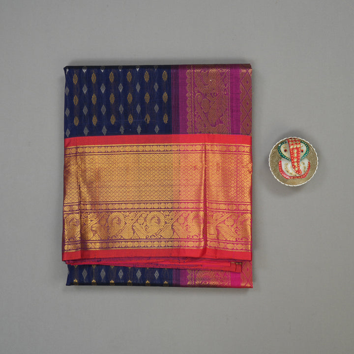 Hayagrivas Midnight Blue Pure Silk Cotton Saree with Red Border HBE462H2-2