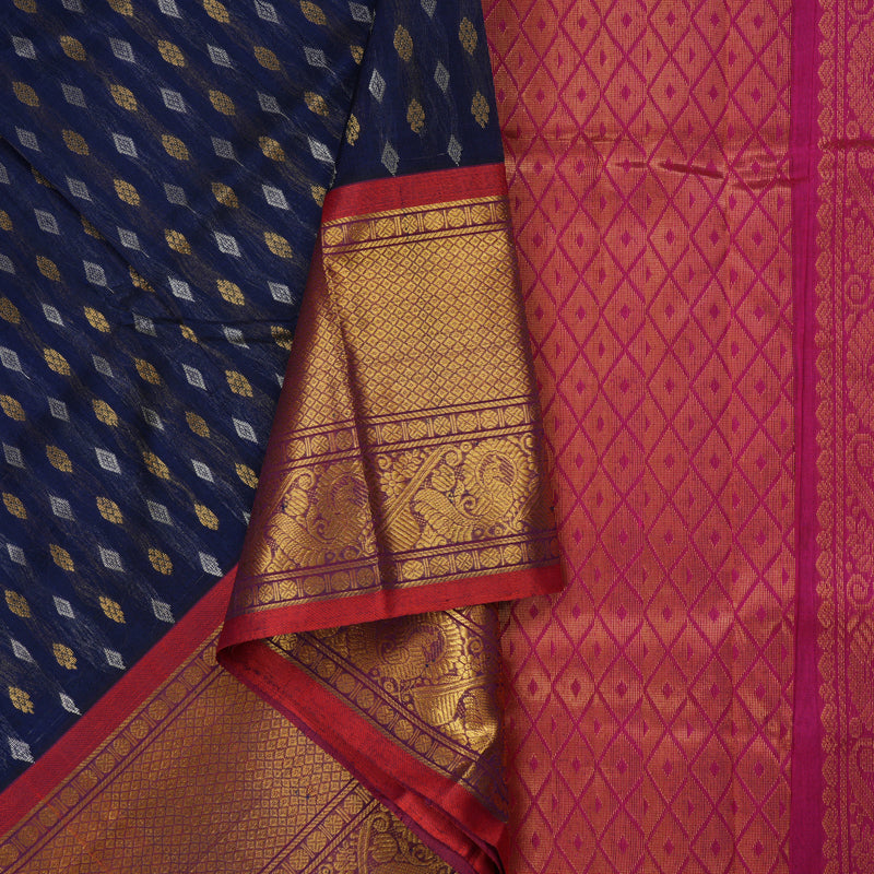 Hayagrivas Midnight Blue Pure Silk Cotton Saree with Red Border HBE462H2-2