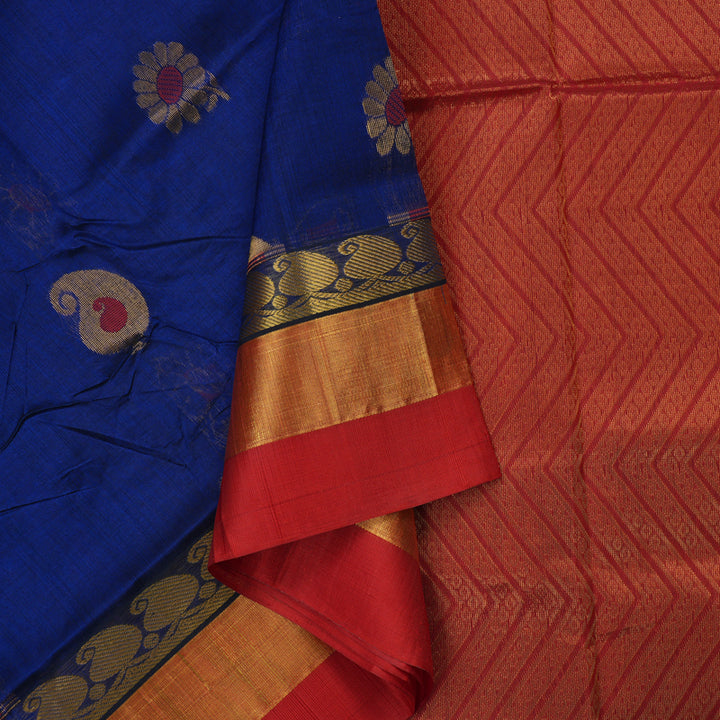 Hayagrivas Royal Blue Pure Silk Cotton Saree with Red Border HBE462H4-15