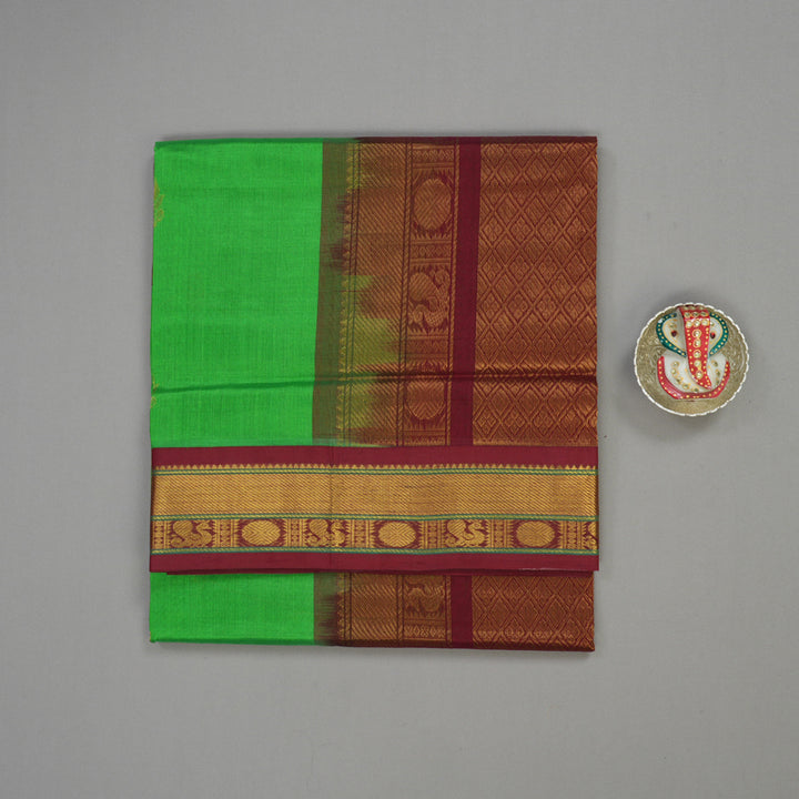 Hayagrivas Parrot Green Silk Cotton Saree with Brown Border HBE462H4-46