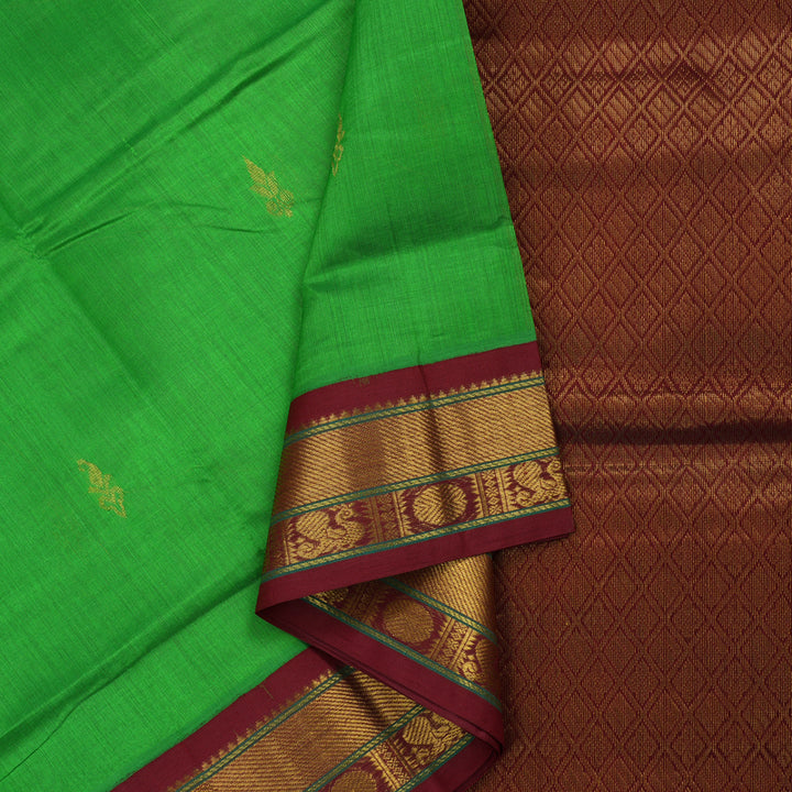 Hayagrivas Parrot Green Silk Cotton Saree with Brown Border HBE462H4-46