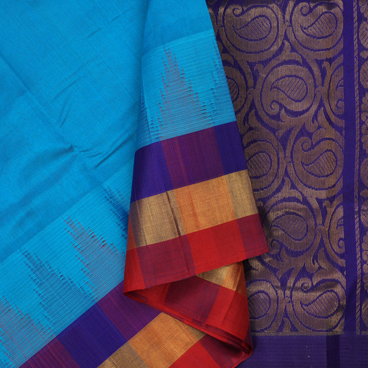 Hayagrivas Aqua Blue Pure Silk Cotton Saree with Multicolour Border HBE462H7-2