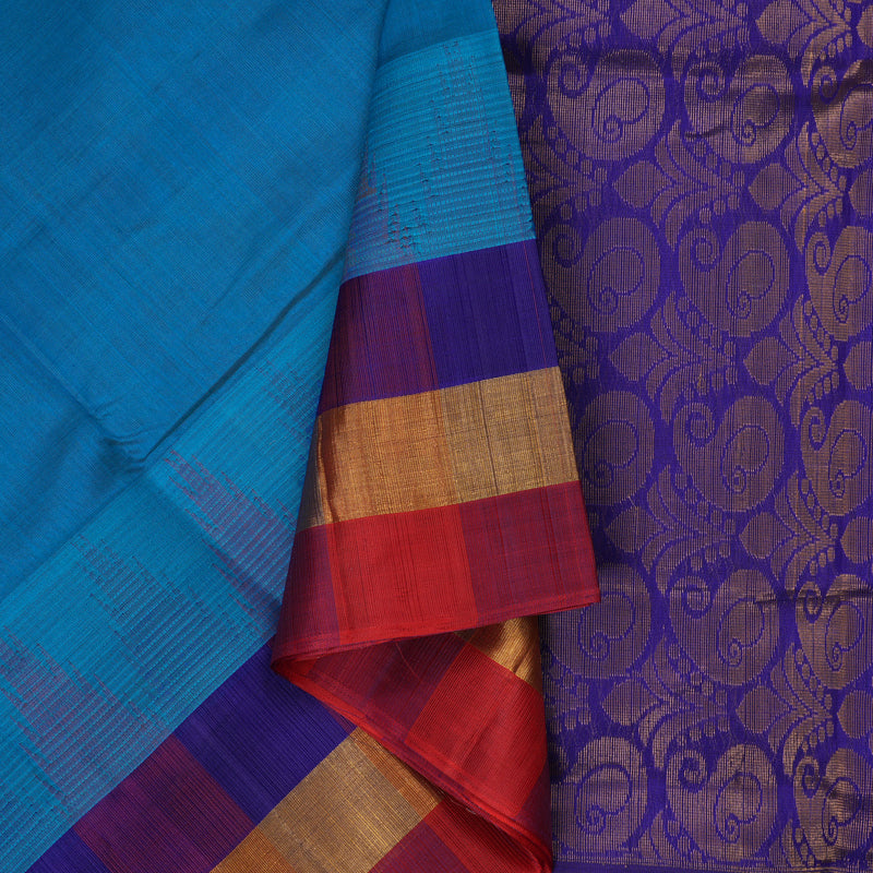 Hayagrivas Pure Silk Cotton Rama Blue Saree with Red Border HBE462H7-32