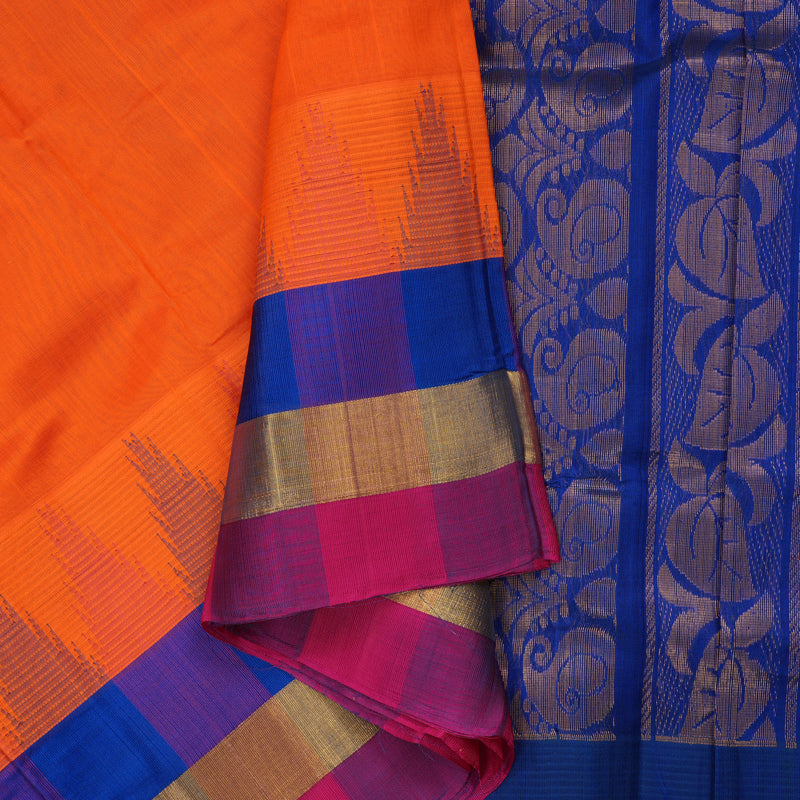 Hayagrivas Orange Pure Silk Cotton Saree with Multicolour Border HBE462H7-36