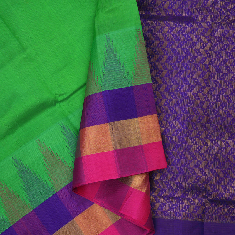 Hayagrivas Parrot Green Pure Silk Cotton Saree with Multicolour Border HBE462H7-56