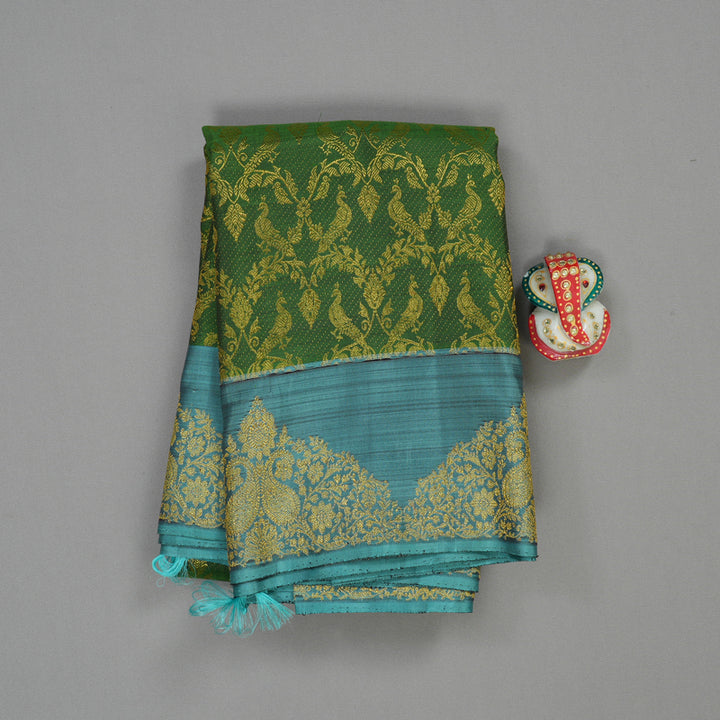 Hayagrivas Exclusive Bridal Kanjivaram Silk Saree in rich Bottle Green with Aqua Blue HBE503H2-1