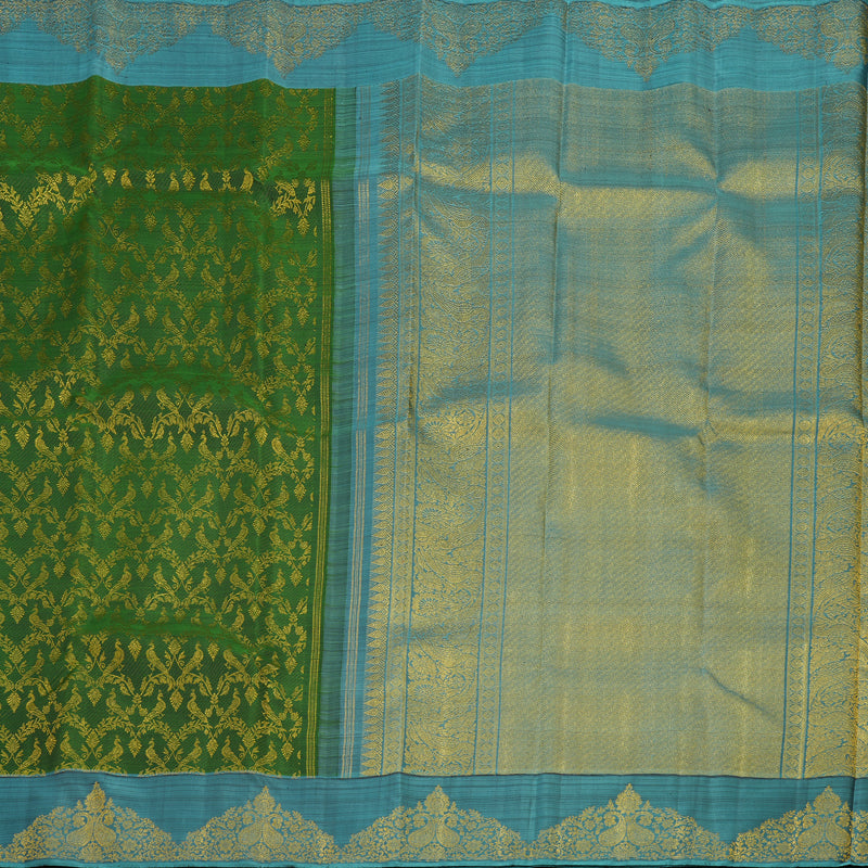 Hayagrivas Exclusive Bridal Kanjivaram Silk Saree in rich Bottle Green with Aqua Blue HBE503H2-1