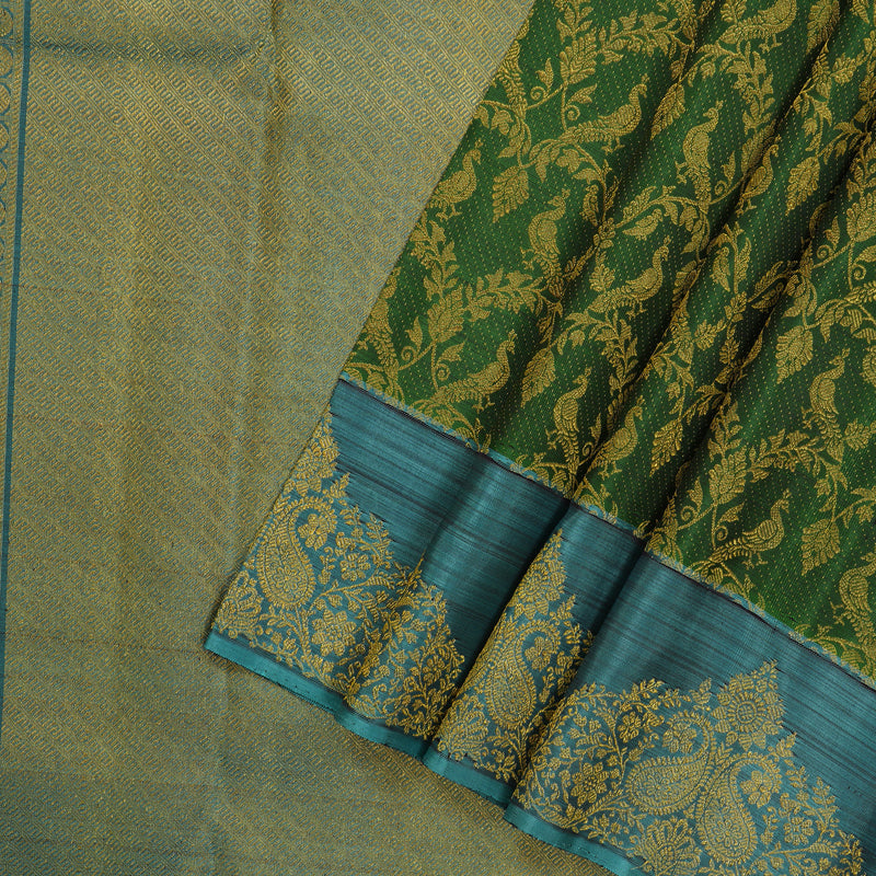 Hayagrivas Exclusive Bridal Kanjivaram Silk Saree in rich Bottle Green with Aqua Blue HBE503H2-1