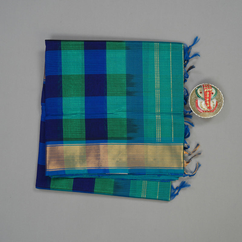 Hayagrivas Handloom Pure Silk Cotton Saree in Sea Blue With Blue Checks HBE527H1-2
