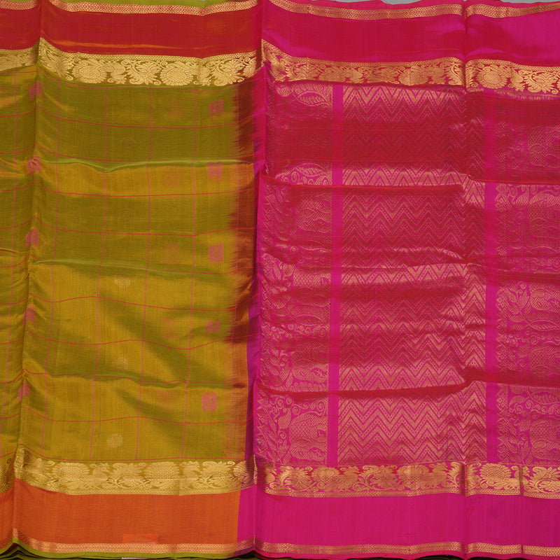 Hayagrivas Sampanga Green Pure Silk Cotton Saree with Dual Toned Pink contrast HBE527H11-3