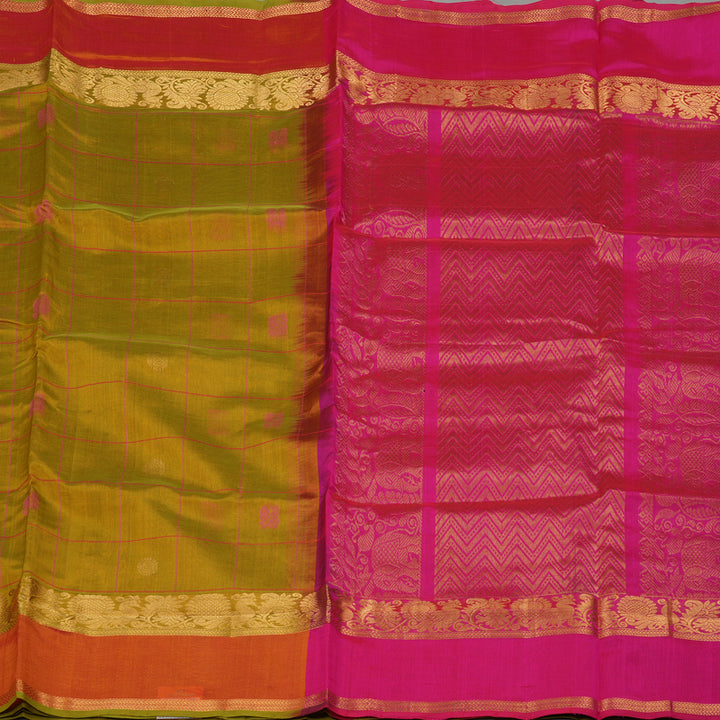 Hayagrivas Sampanga Green Pure Silk Cotton Saree with Dual Toned Pink contrast HBE527H11-3