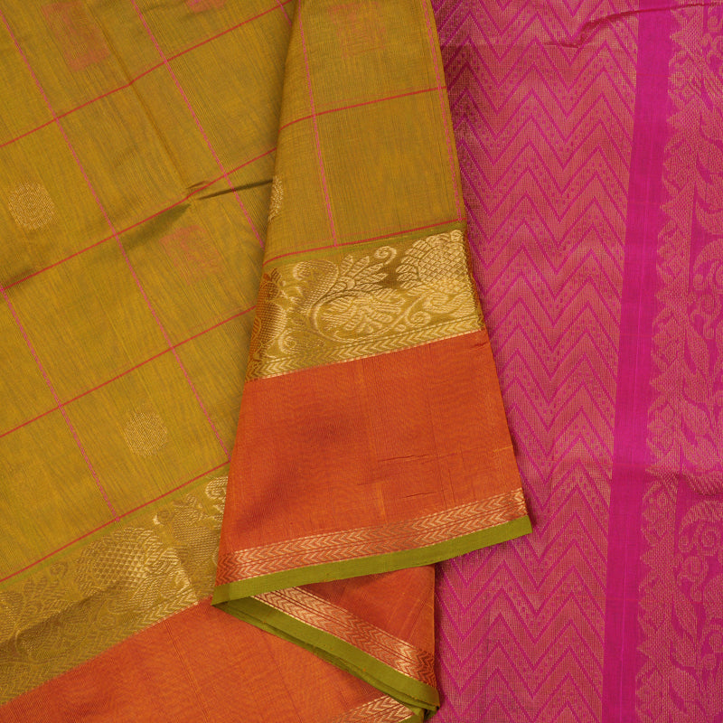 Hayagrivas Sampanga Green Pure Silk Cotton Saree with Dual Toned Pink contrast HBE527H11-3
