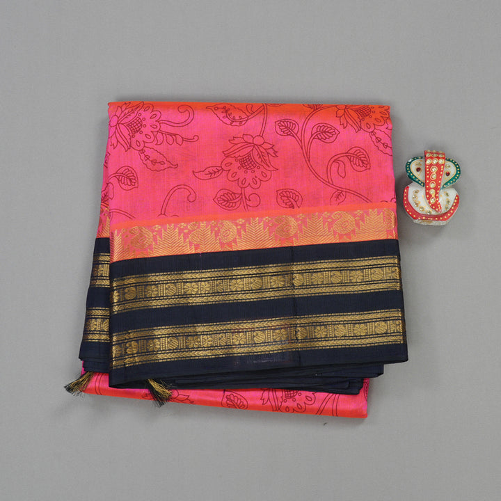 Hayagrivas Handloom Pure Silk Cotton Saree in Orangish Pink with Navy Blue HBE57D1-17