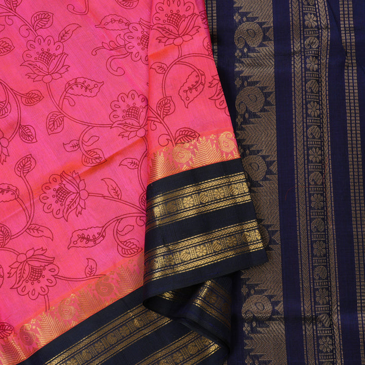Hayagrivas Handloom Pure Silk Cotton Saree in Orangish Pink with Navy Blue HBE57D1-17