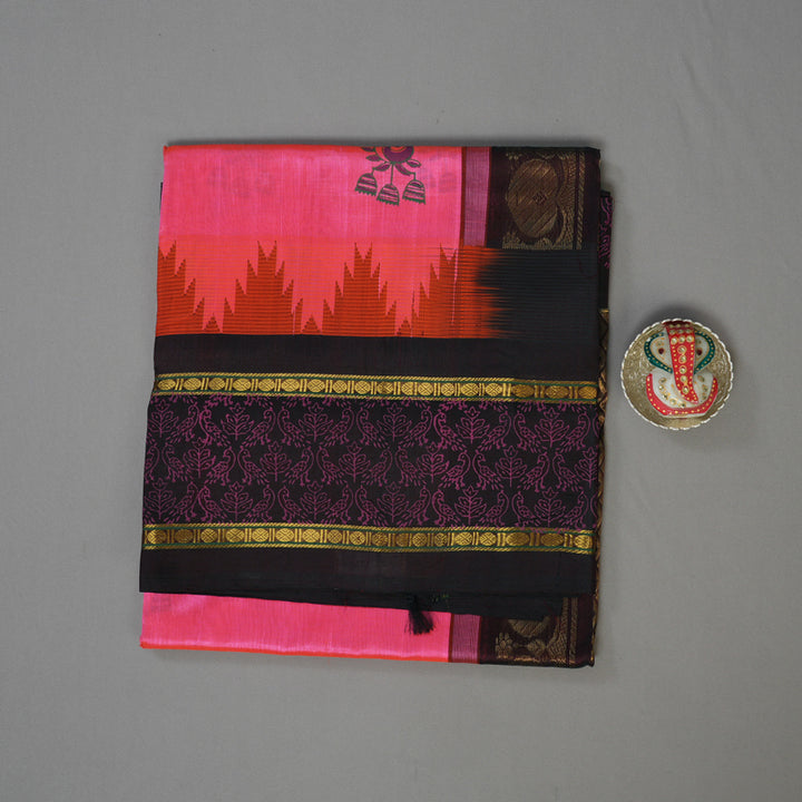 Hayagrivas Pure Printed Silk Cotton Saree in Fuchsia Pink with Deep Brown contrast HBE57D6-1